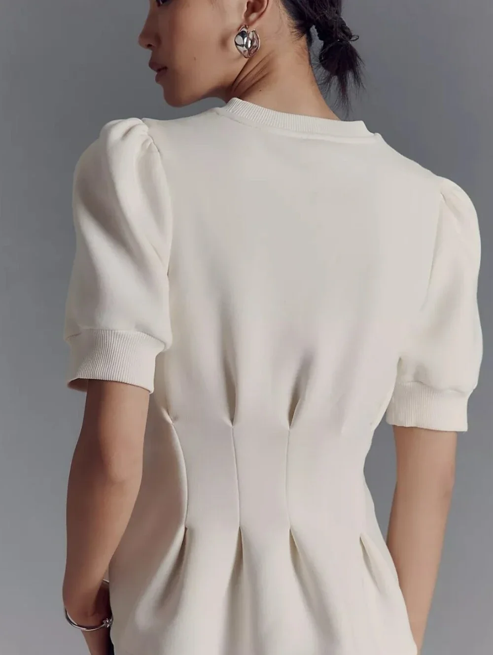 Anthropologie Maeve Puff-Sleeve Pleated-Waist Peplum Top Ivory Women's Small